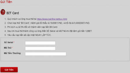 Hướng dẫn gửi tiền 12bet bằng BIT CARD mới