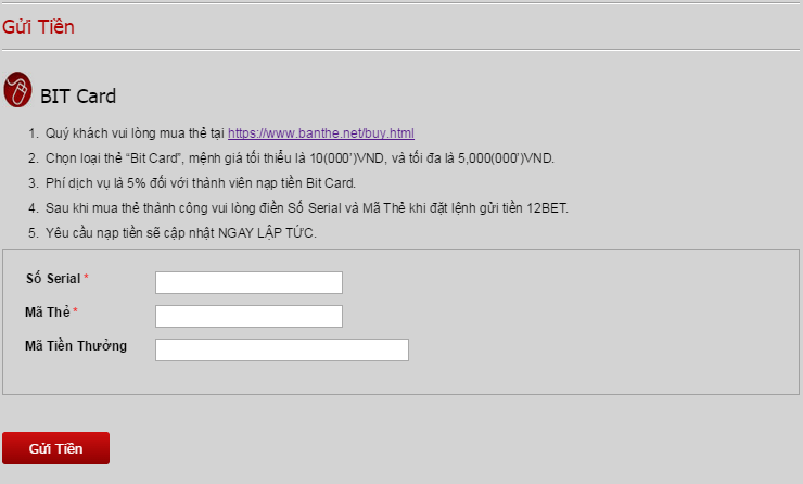 Hướng dẫn gửi tiền 12bet bằng BIT CARD mới