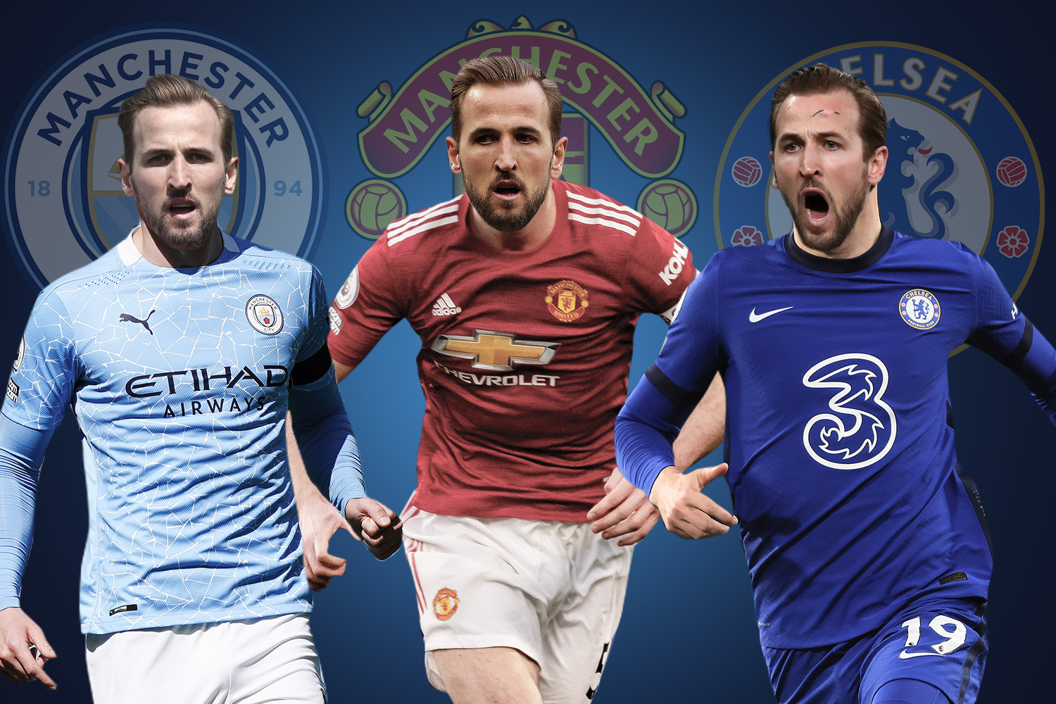 Man City và Man Utd đang có nhiều cơ hội tuyển mộ Kane hơn so với Chelsea. Ảnh: The Sun